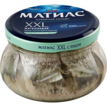 Сельдь Матиас XXL филе-кусочки в масле с луком слабосолёная, 260г