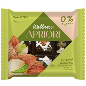 Шоколадная плитка Apriori Wellness горькая без сахара с миндалём и фисташкой, 50г