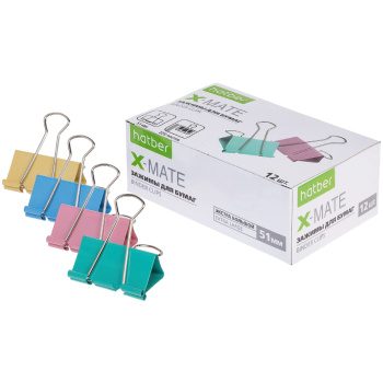 Зажимы для Бумаг Hatber X-Mate 32мм цветные в картонной коробке 12 шт