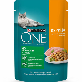 Влажный корм Purina One для домашних кошек с курицей и с морковью, 85г