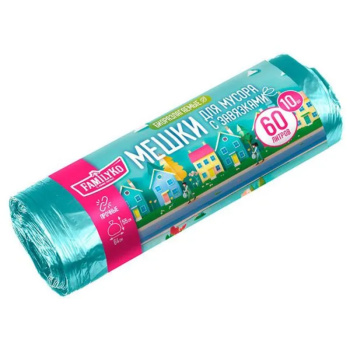 Мешки для мусора FamilyKo 10шт 20мкм с завязками бирюзовый, 60л