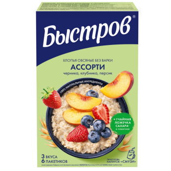 Хлопья Быстров Prebio Овсяная ассорти Клубника Персик Черника 240г 