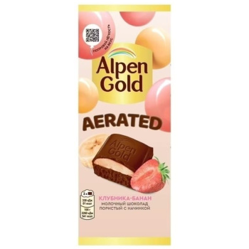 Шоколад Alpen Gold Aerated молочный с клубнично-банан начинкой, 75г