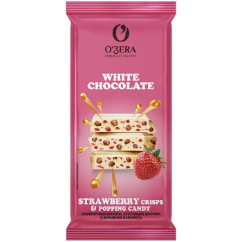 Шоколад белый O'Zera с с клубничными криспами, хрустящими шариками и взрывной карамелью, 90г