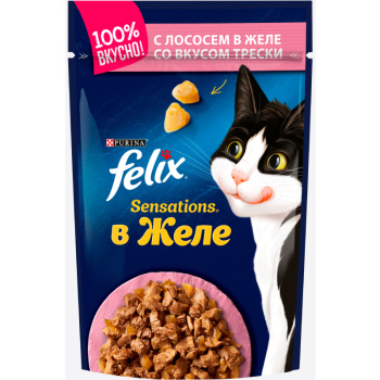 Влажный корм Felix Sensations для кошек аппетитные кусочки с лососем в желе со вкусом трески, 85г
