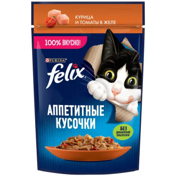 Влажный корм Felix аппетитные кусочки для кошек с курицей и томатами в желе, 75г