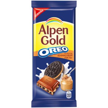 Шоколад молочный Alpen Gold Oreo с кусочками печенья и начинкой со вкусом арахисовой пасты, 95г
