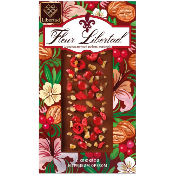 Шоколад молочный Libertad Fleur с клюквой и грецким орехом, 80г
