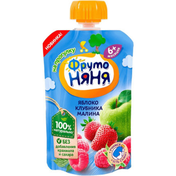 Пюре ФрутоНяня десерт из малины клубники с яблоком 90г