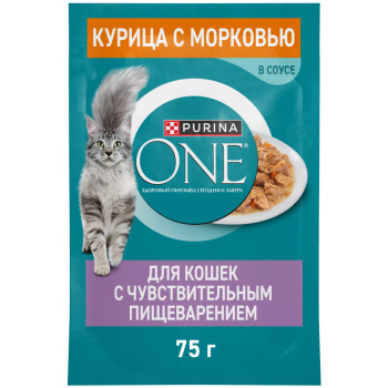Влажный корм Purina ONE для взрослых кошек для чувствительного пищеварения с курицей и морковью, 75г