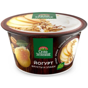 Йогурт Село Зелёное груша-злаки-семена льна-грецкий орех 3,2% БЗМЖ, 180г 