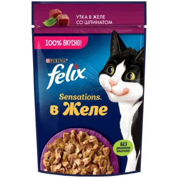 Влажный корм Felix Sensations для кошек с уткой в желе со шпинатом, 75г