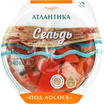Сельдь филе-кусочки в масле под лосось малосольная Атлантика, 240г