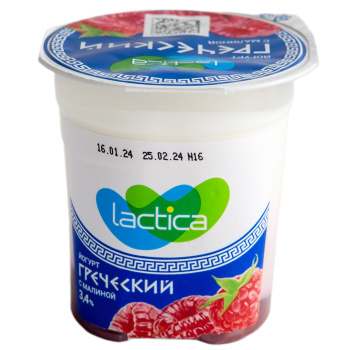Йогурт двухслойный греческий Lactica с малиной 3,4% БЗМЖ, 120г