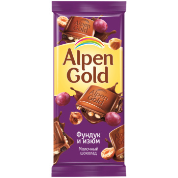 Шоколад молочный Alpen Gold с фундуком и изюмом, 90г