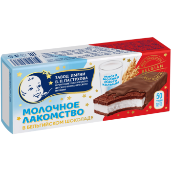 Десерт молочный ломтик Завод имени В.П.Пастухова с шоколадным бисквитом в молочном шоколаде, 50г