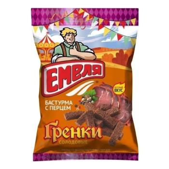 Гренки ржано-пшеничные солодовые Емеля со вкусом бастурмы с перцем, 60г