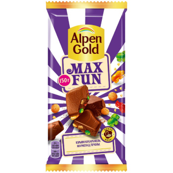 Шоколад молочный ALPEN GOLD Max Fun со взрывной карамелью, мармеладом и печеньем, 150г