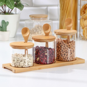 Набор банок для сыпучих продуктов 3 шт с бамбуковой крышкой и ложками Эко 
