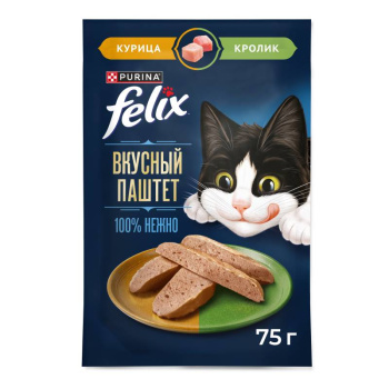 Влажный корм для кошек Felix паштет курица и кролик, 75г 
