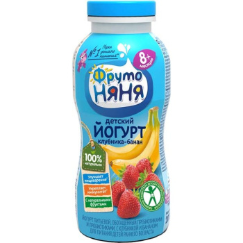 Йогурт питьевой ФрутоНяня для детского питания клубника-банан 2,5% БЗМЖ, 200мл