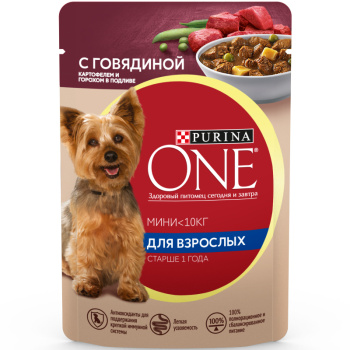 Влажный корм Purina One для собак мелких пород с говядиной, картофелем и горохом в подливе, 85г