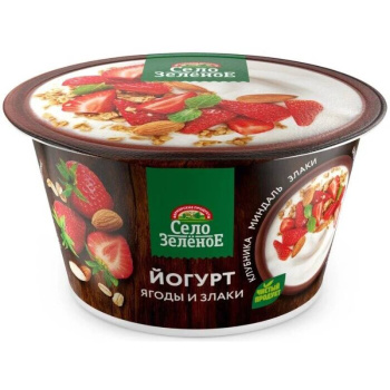 Йогурт Село Зелёное клубника-миндаль-злаки 3,2% БЗМЖ, 180г